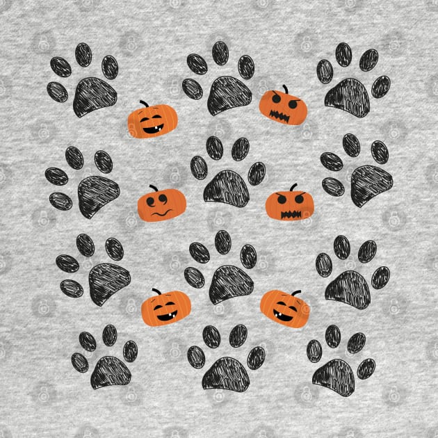Doodle black paw prints with funny pumpkins by GULSENGUNEL